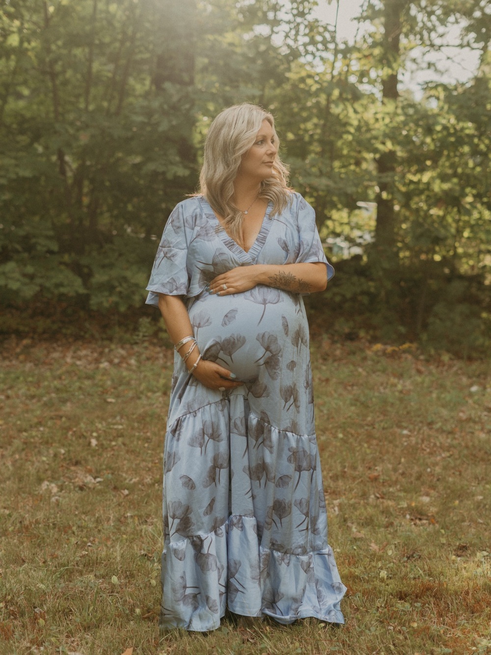 Light Blue Floral Deep V-Neck Maternity Maxi Dress